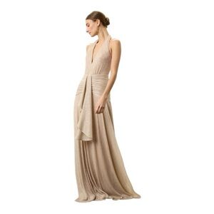 Patbo Lurex Draped Maxi Gown Halter Dress in Gold Metallic Size 4